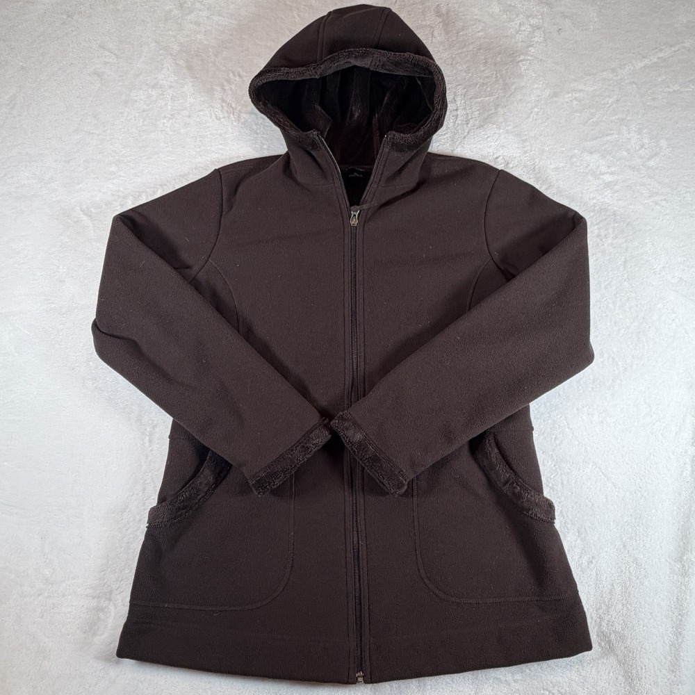 Lands End Jacket Women's Sz M Brown‎ Hooded Zippered Long Fleece